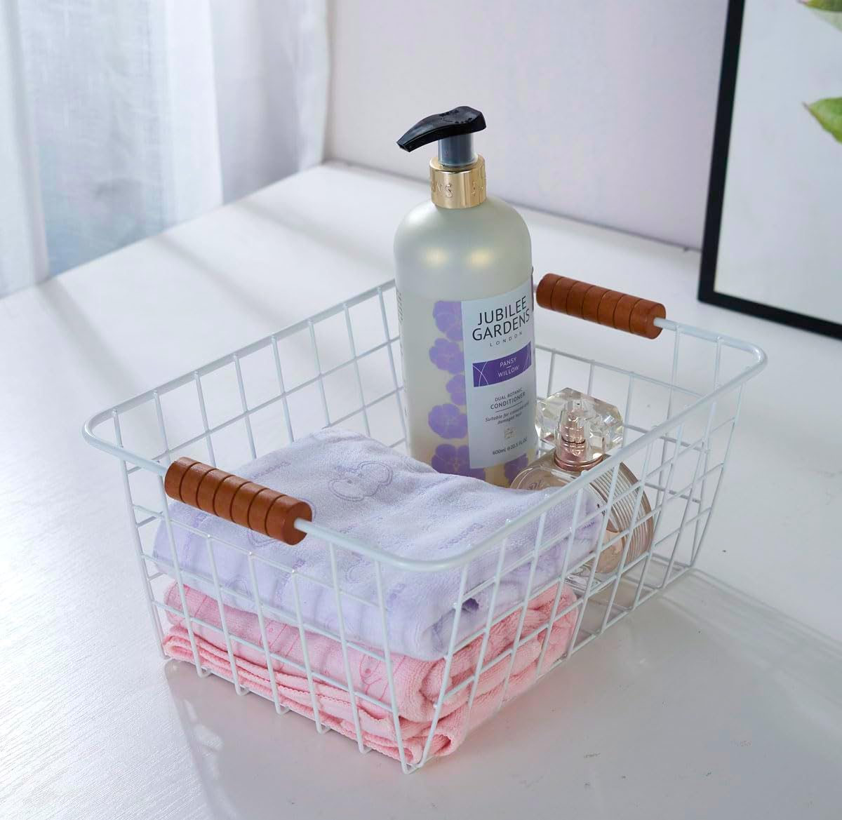 Wire Kitchen Storage Basket 4 Packs,Perfect Pantry Organization Accessories Baskets,Laundry Basket,With a Wooden handle,Suitable for Kitchen,Bathroom,Bedroom,Tabletop,Stackable,White