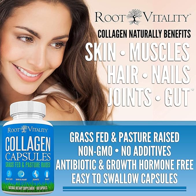 Collagen Peptides Capsules - Grass-Fed, Pasture-Raised Hydrolyzed Protein Supplement for Skin, Hair, & Nails - Non-GMO, Zero Sugar Daily Pills for Men & Women (180 Capsules)