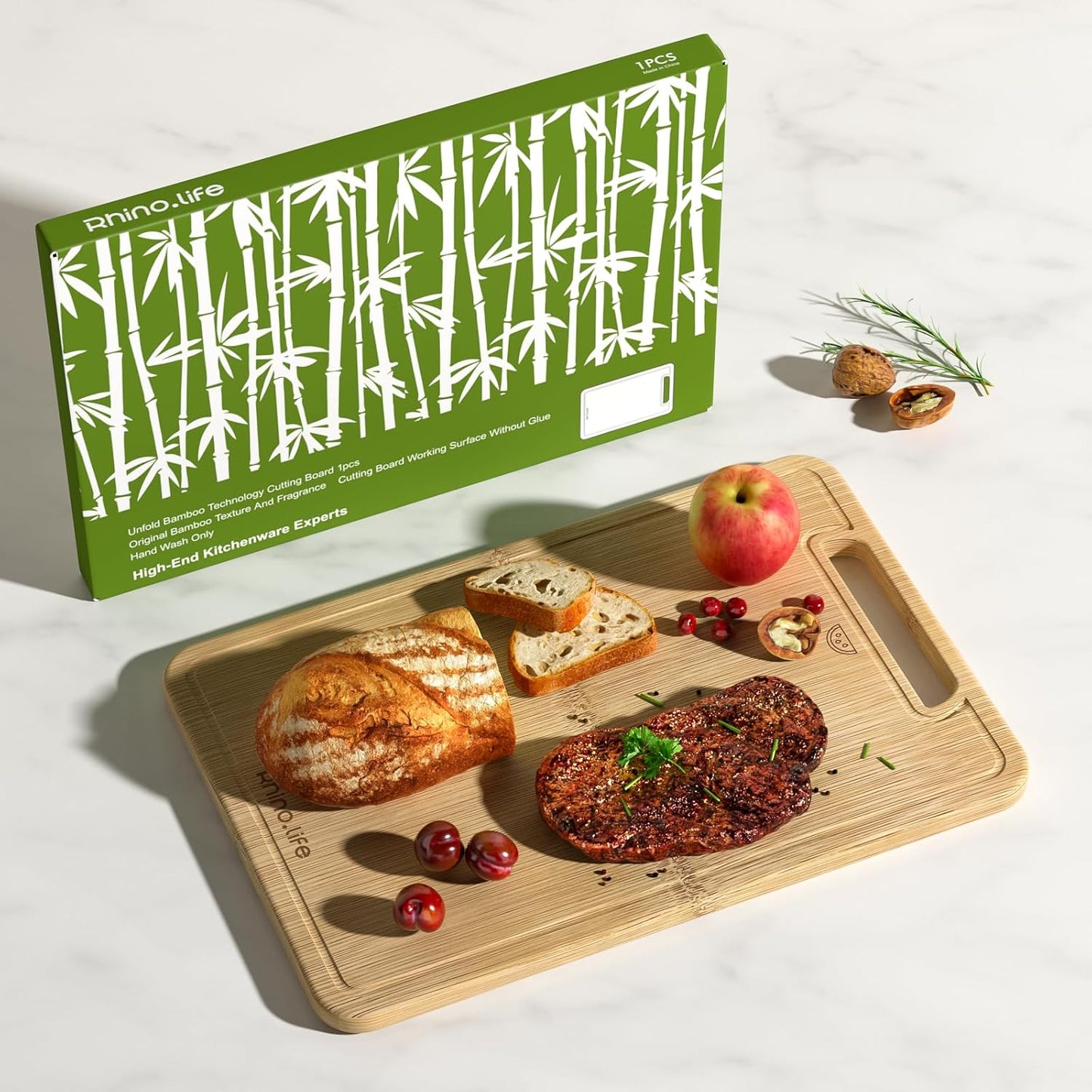 Healthy and No Glue & Organic Non Toxic Large Bamboo Cutting Board with hands for Kitchen,Plastic Free & Juice Groove, Non-solid wood Cutting Board for Meat, Vegetables and Fruits(16 * 11inch)