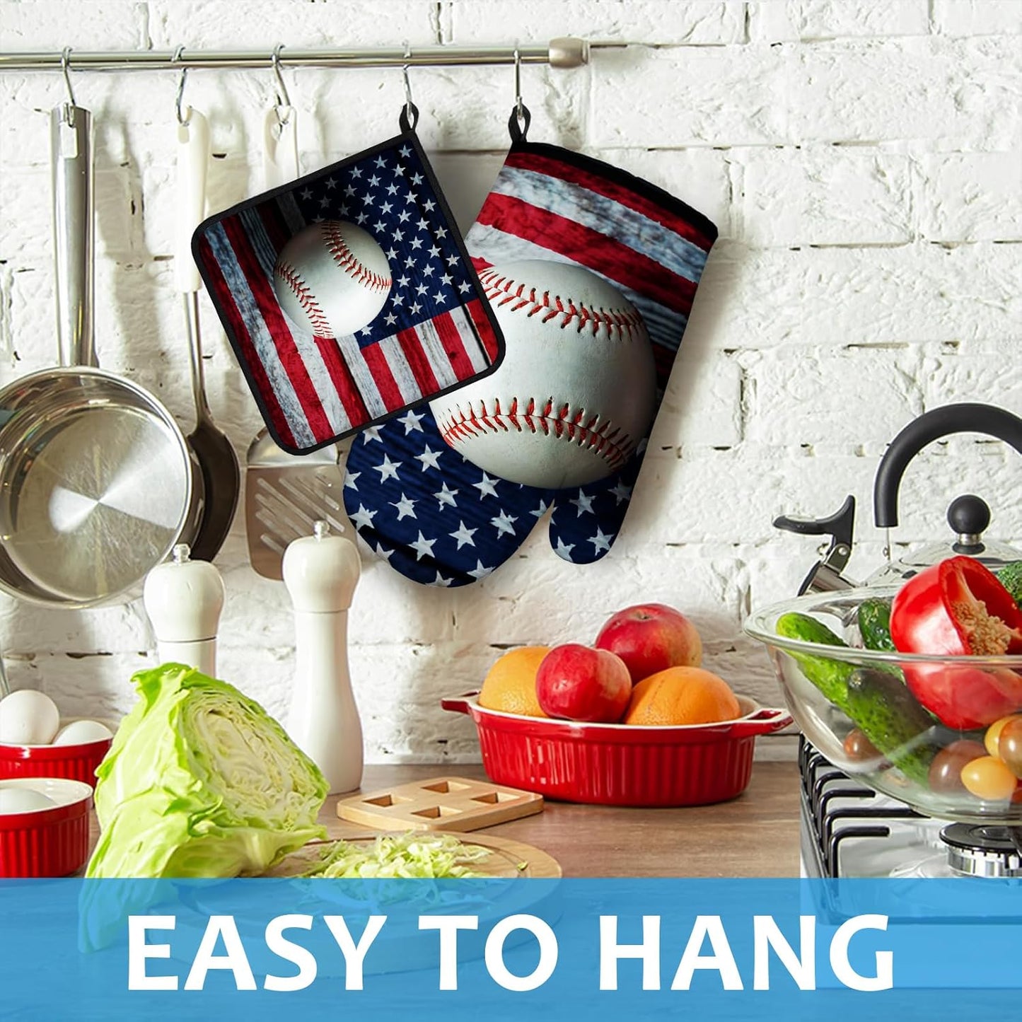 American Flag Baseball Oven Mitts and Pot Holders Sets Heat Resistant 4Pcs Potholders Oven Gloves Hot Pads for Kitchen Baking Cooking Grilling BBQ