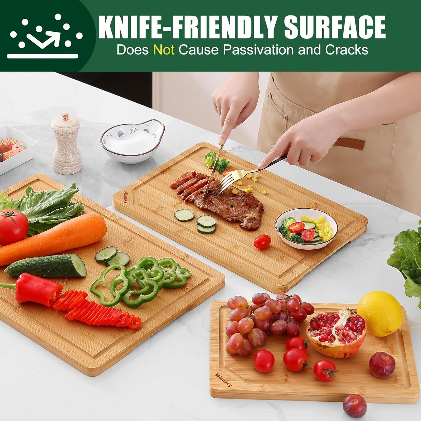 Homaxy Organic Bamboo Cutting Boards Set for Kitchen Set of 3, Wooden Cutting Board Set with Juice Groove and Handles, Charcuterie Serving Tray Wood Chopping Board Set for Meat Fruits & Vegetables