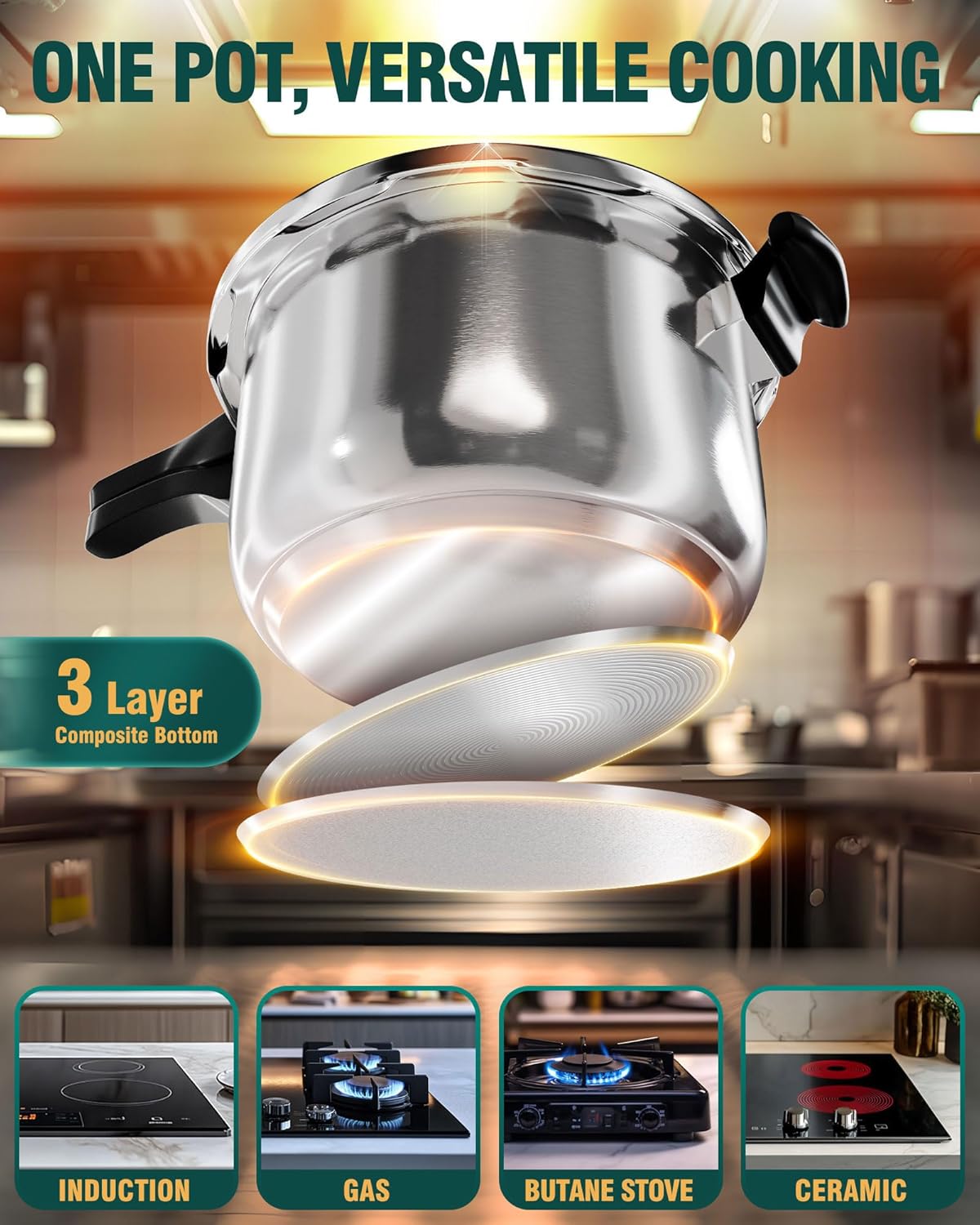 WantJoin Stainless Steel Pressure Cooker(Non-Aluminum),10 Quart Induction Compatible Pressure Cooker with Spring Valve Safeguard Devices,Compatible with Gas & Induction Cooker