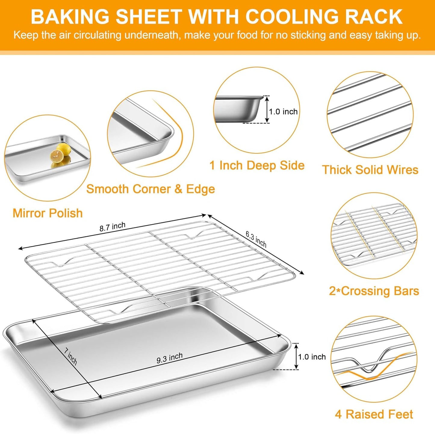 Homikit Baking Sheet with Wire Rack, 9 x 7 Inch Stainless Steel Cookie Sheets for Baking, Small Baking Pan with Cooling Rack, Nonstick Metal Mini Toaster Oven Bacon Tray, Rust Free & Dishwasher Safe