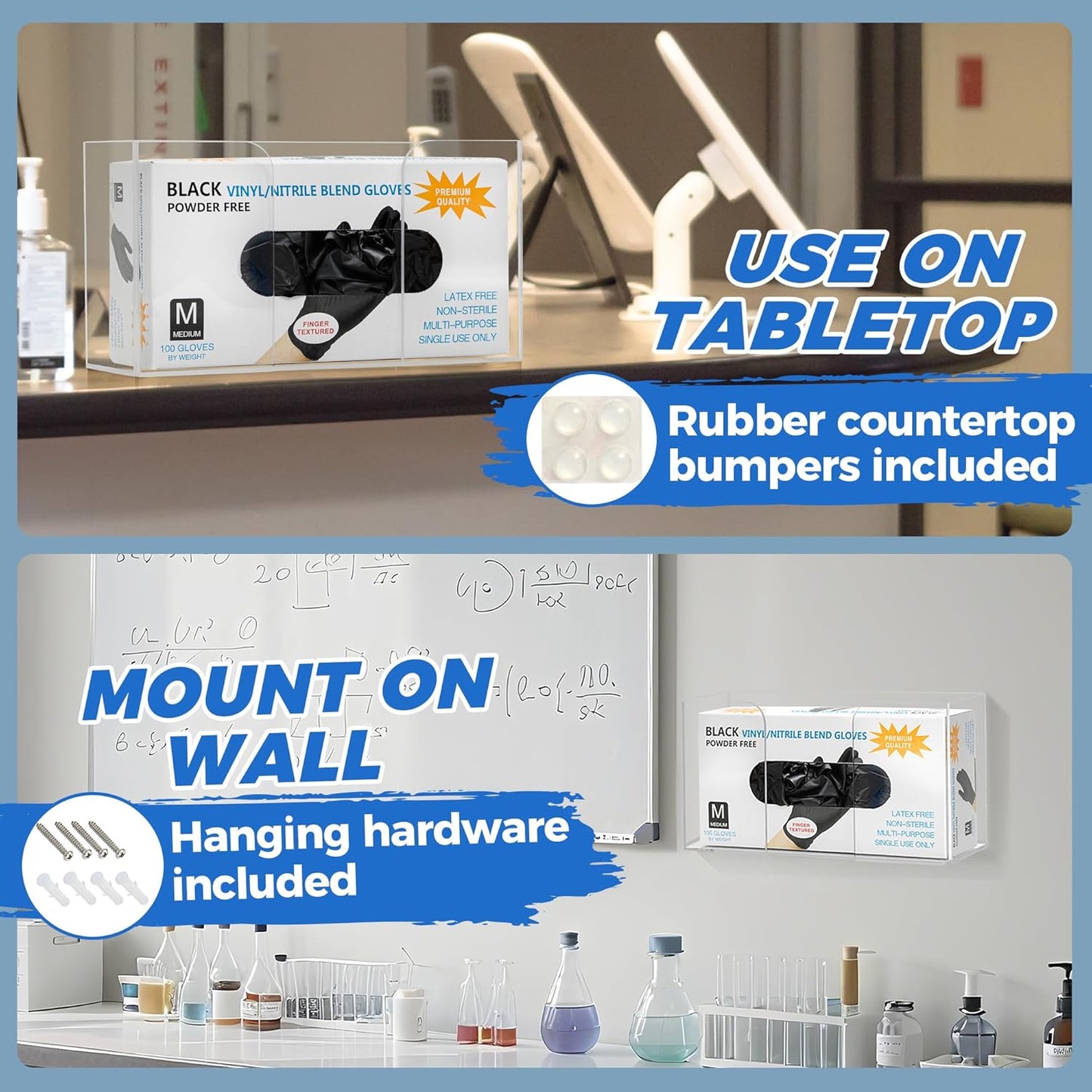 Storage Standard Glove Box Holder Dispenser - Kitchen, Medical, & Latex Gloves Holder Wall Mount or Countertop, Universal Fit - Thick Acrylic, Easy to Use, Slide, & Load Open Top Design - Clear