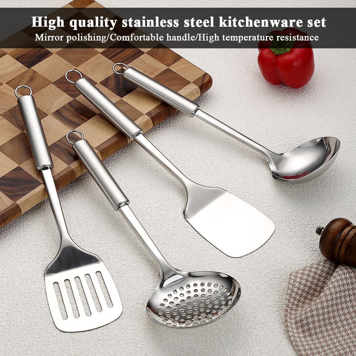 Stainless Steel Cooking Utensils Set 4 Pieces, Kitchen Tools Set Include Metal Spatula Set, Kitchen Skimmer, Soup Ladle, Kitchen Gadgets Essentials New Home Must Have