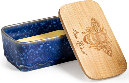 Ceramic Butter Dish with Lid, Covered Butter Dish for Countertop, Airtight Butter Holder Crock with Airtight Seal, HoneyBee Kitchen Decor, Blue