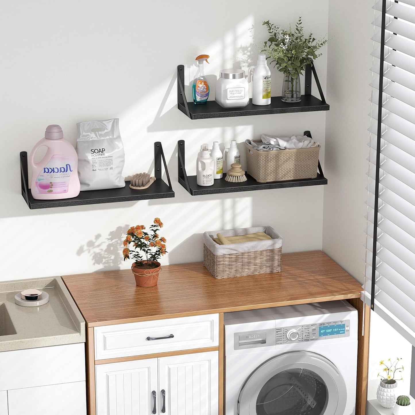 Heimlove Floating Shelves for Wall, 16 Inch Long Wood Floating Shelves Set of 3, Wall Mounted Hanging Shelf for Bathroom Bedroom Kitchen, Black