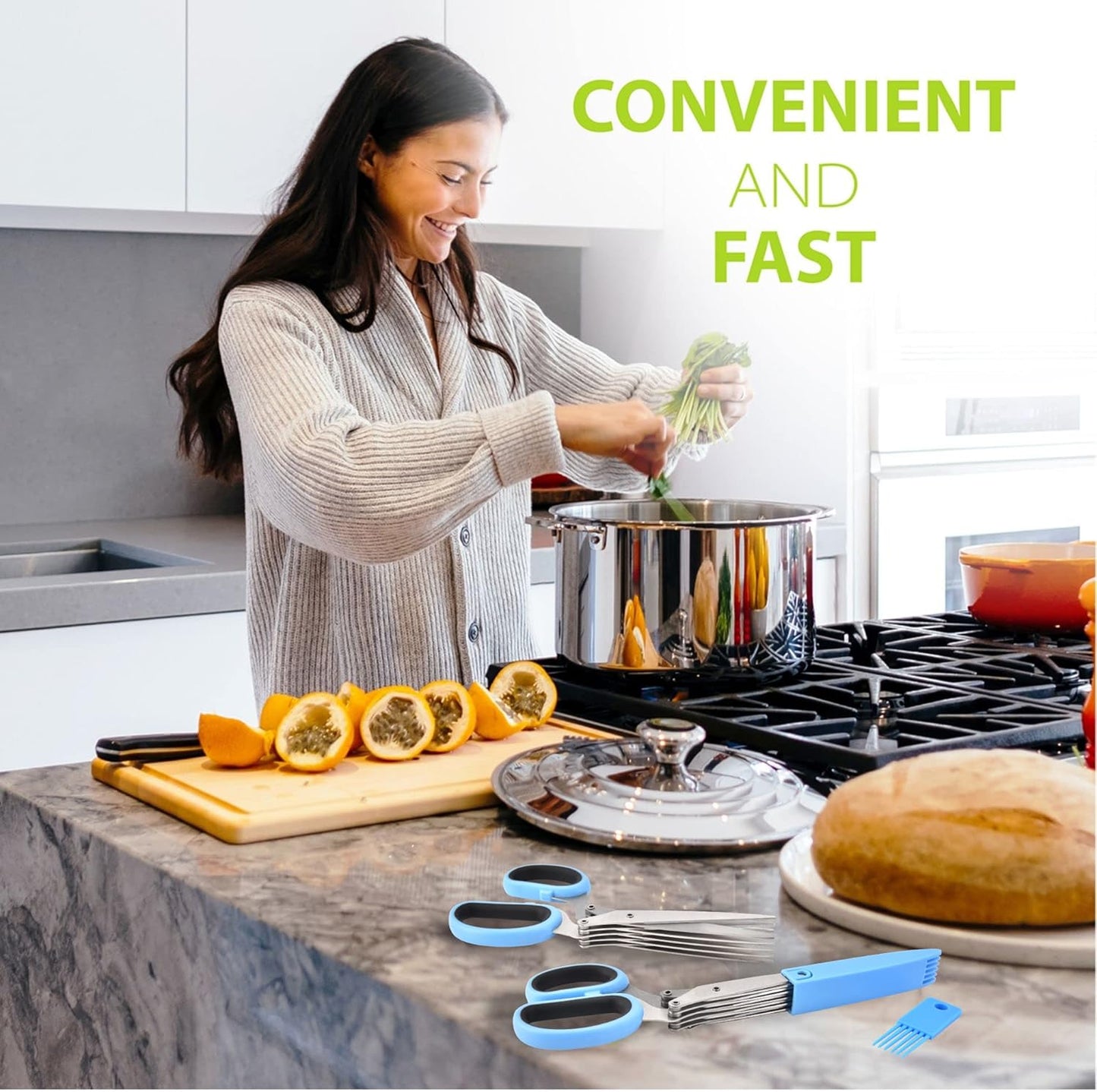 Herb Scissors with 5 Blades & Cleaning Kit, Stainless Steel Kitchen Shears for Herbs, Lettuce, Cilantro, Dishwasher Safe, Soft-Grip Handle