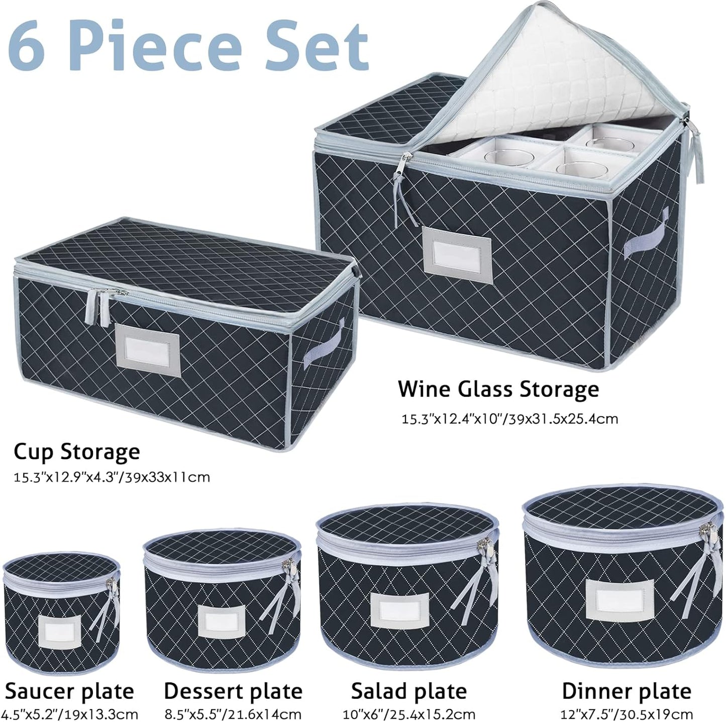 VERONLY China Dinnerware Storage Containers Set- Dish,Mug,Stemware Storage Cases - Quilted Box Bins Stackable with Divider,handles,Clear Window for Cups,Plates,Wine Glasses Moving Set of 6 (Grey