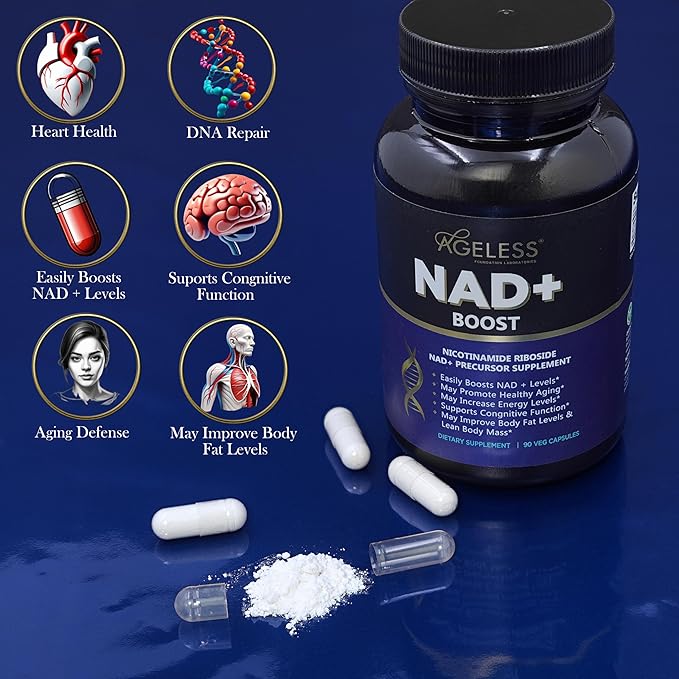 Ageless NAD Supplements for Women & Men | High Purity 300mg Nicotinamide Riboside Chloride | NMN Supplement for Anti-Aging | Support Energy, Focus, Body Fat and Cognitive Function - 90 Count