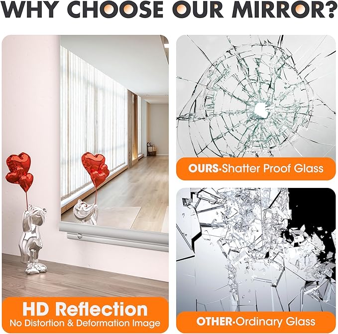 Hasipu Home Gym Mirror 48" L x 30" W - 1PC Large Full Body Mirror for Yoga, Wall-Mounted Mirrors for Fitness, Garage, Dance Studio, 0.16in Tempered Glass Frameless