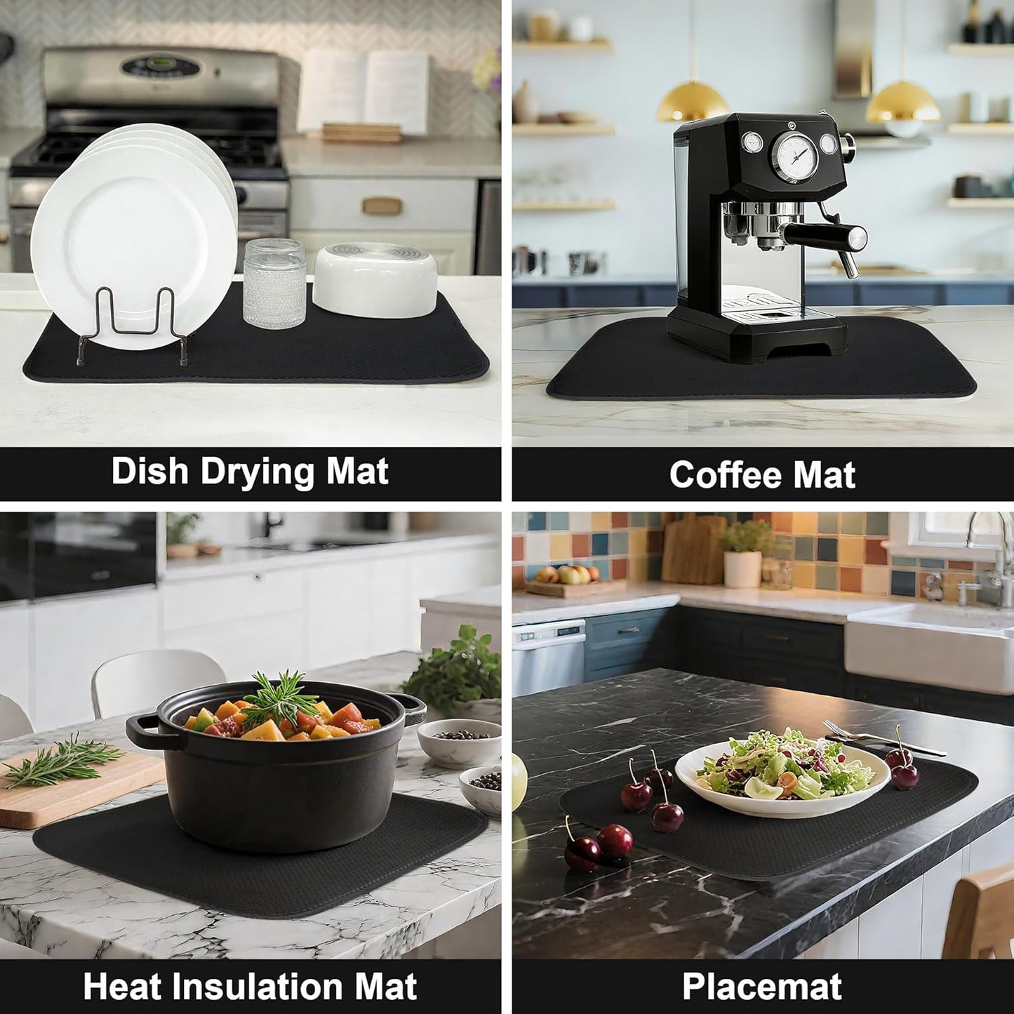 2-Pack Black Dish Drying Mat XL 17”x24”, Kitchen Drying Mat, Drying Matt Kitchen Counter, Dish Dryer Mat, Utensils, Pots & Pans – Dish Drying Pad, Dish Mats for Drying Dishes