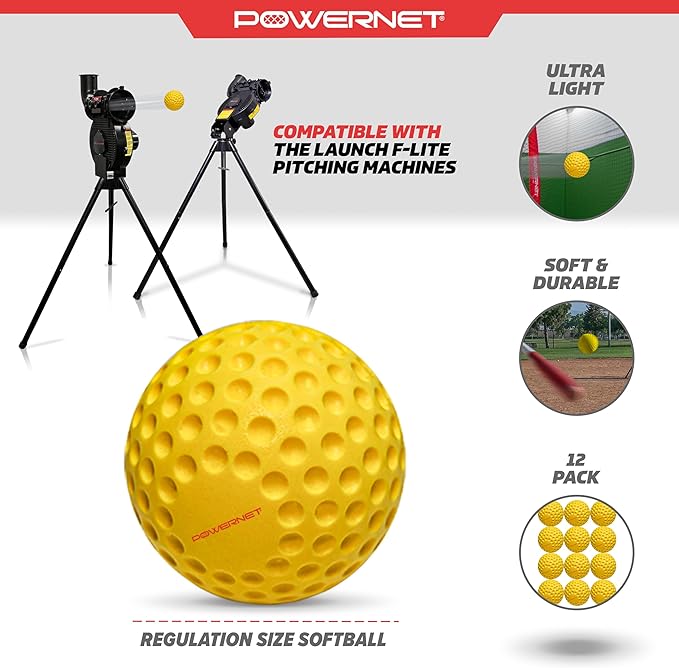 PowerNet Launch F-lite Softball & Baseball Pitching Machine, Dimpled Practice Balls, Bucket of Baseballs, Coaching Bucket Bundle for Pitching Machine, Baseball Training Equipment