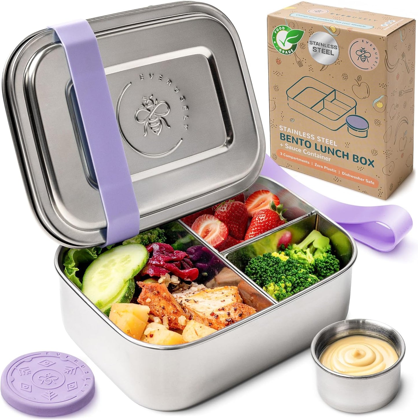 Everusely - Bento Box - Lavender, 27oz / 0.8 L - Stainless Steel Lunch Box with Leakproof Condiment Container - 3 Compartment Snack Organizer for On the Go Meals - Freezer & Dishwasher Safe