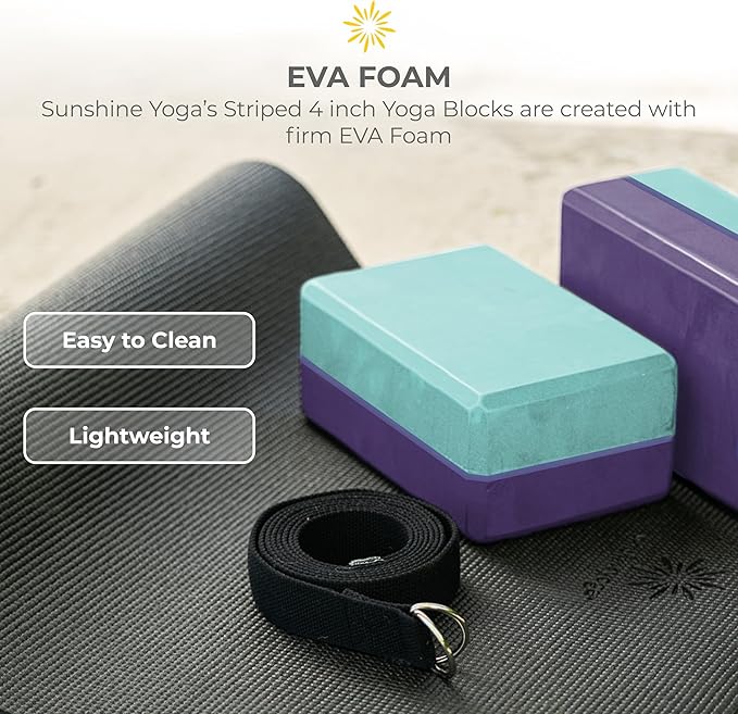 Sunshine Yoga 4" Striped Yoga Block, 4 Pack Bulk EVA Foam Yoga Blocks, Firm and Supportive Yoga Brick, Balance Foam for Stretching, Pilates, and Workout, 4" x 6" x 9"