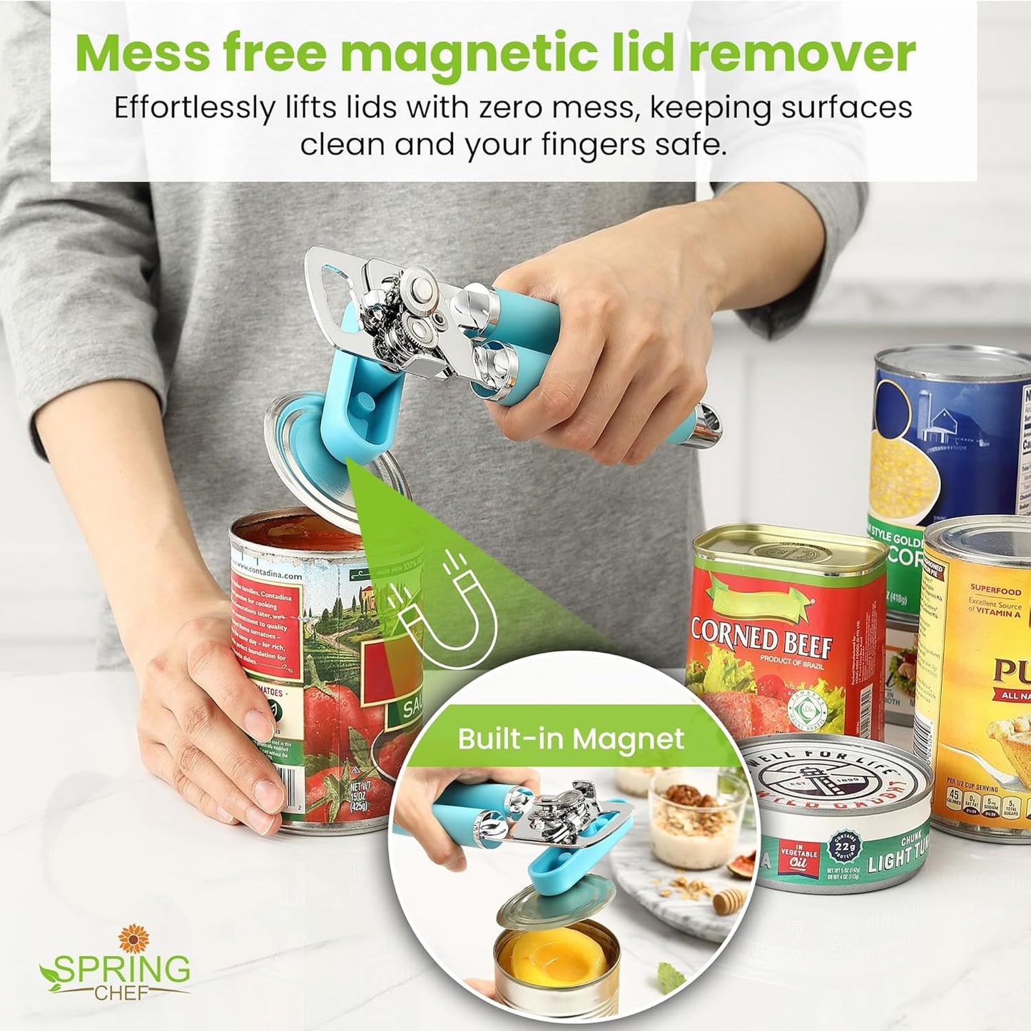 Spring Chef Stainless Steel Can Opener - Manual with Soft Grip Handles, Easy Turn, Heavy Duty Hand Can Openers for Seniors with Smooth Edge - Magnetic Lid Remover - Aqua Sky