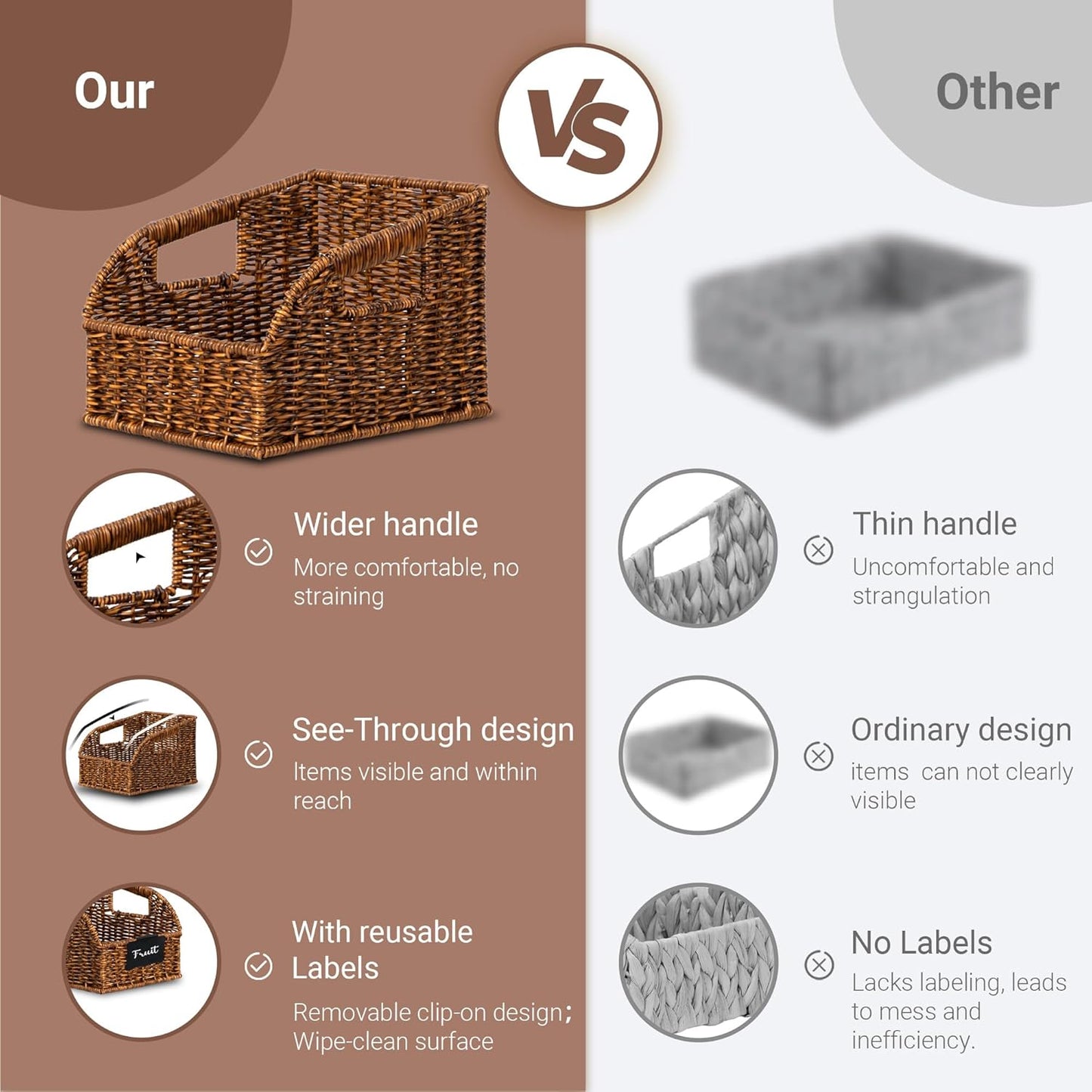 Wicker Baskets for Organizing,Pantry, Kitchen Counter with Handles, Handwoven Woven Storage Baskets for Fruit, Bread, Vegetable, Waterproof Plastic Storage Bins for Shelves, 3 Pack, Brown