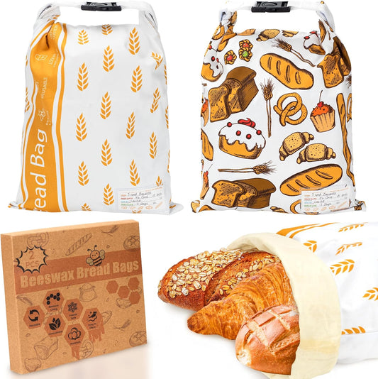 2-PACK Reusable Beeswax Bread Bag for Homemade Bread & Sourdough Loaf, Fridge-Safe Dual-Zip Storage Container with Natural Cotton & Beeswax Lining Lock Freshness, Dates Lable Cards Included