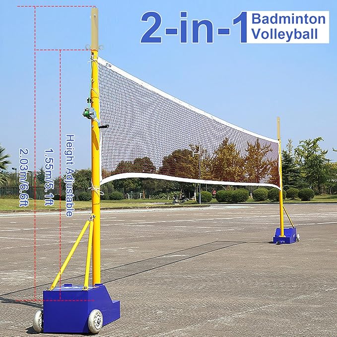 Volleyball Net Outdoor, Portable Volleyball Net Pole for Backyard, Badminton Net Set for Tennis with Wheels, Carry Bag,Volleybal/Badminton Poles & Net with Base Outdoor Training