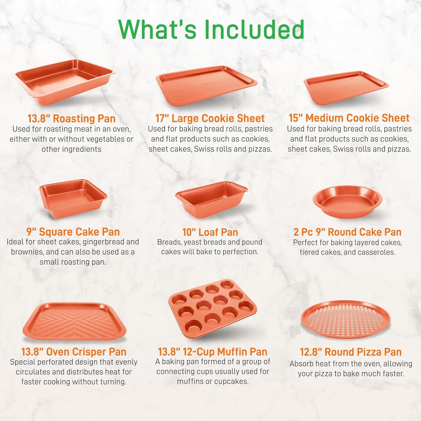 NutriChef 10-Piece Nonstick Oven Baking Pan Set - Premium Carbon Steel Bakeware w/Cookie Sheets, Loaf & Cupcake Pans, Perforated Crisper Pans, Round & Square Roasting Pans, Easy to Clean - Copper