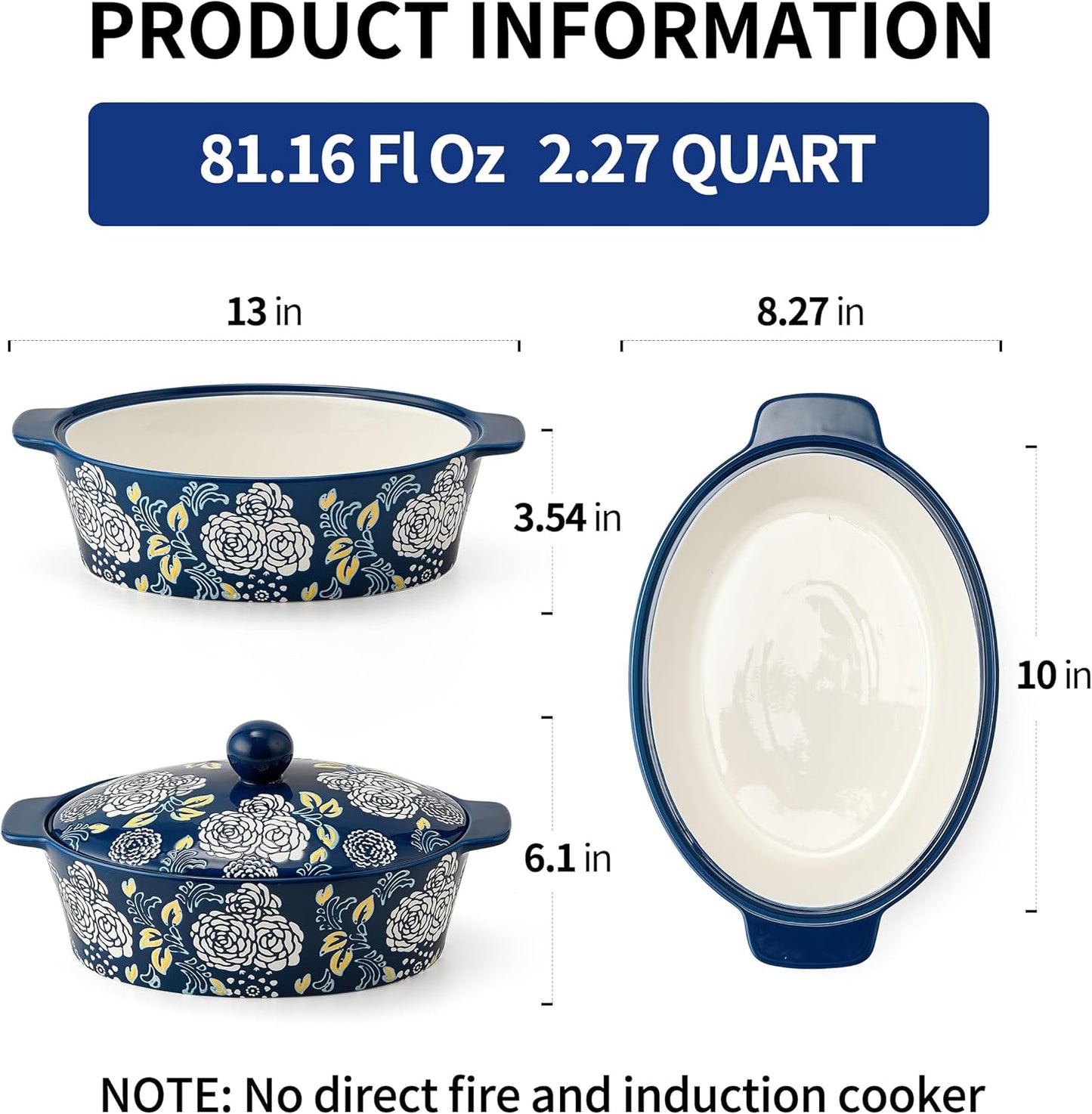 Ceramic Casserole Dish With Lid, Casserole Dishes for Oven, Baking Dish Lasagna Pans For Cooking, Oval Baking Pan, Dutch Oven, Perfect for Bread Baking and Serving, Housewarming, Thanksgiving - Blue