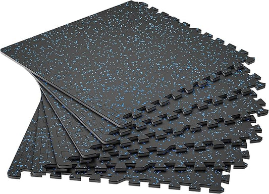 SUPERJARE 0.4'' Thick 6 Pcs 24 Sq Ft Rubber Top Exercise Equipment Mats, High Density EVA Foam Mats with Rubber Top, Interlocking Gym Flooring for Home Gym, Protective Workout Mat, Black/Blue