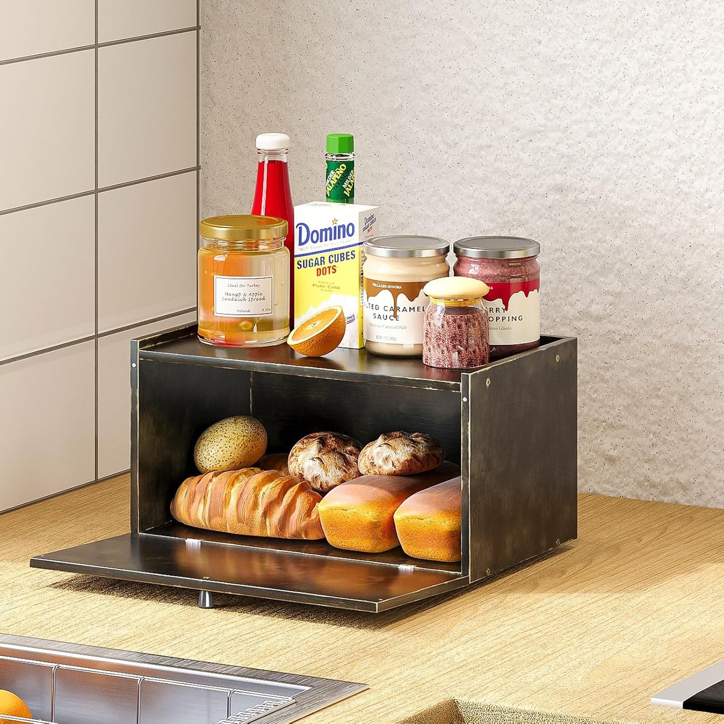 Bamboo Bread Box for Kitchen Counter Farmhouse Bread Storage Container Large Capacity Bread Storage Bin Bread Holder (Antique Back)