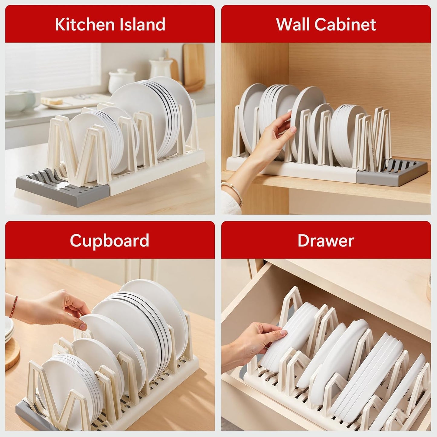 Li&Zhao Pots and Pans Organizer under Cabinet - Extended Dining Tray Storage Rack Cutting Board Rack Lid Holders inside Cabinet with 7 Adjustable Compartment for Kitchen Storage(Beige)