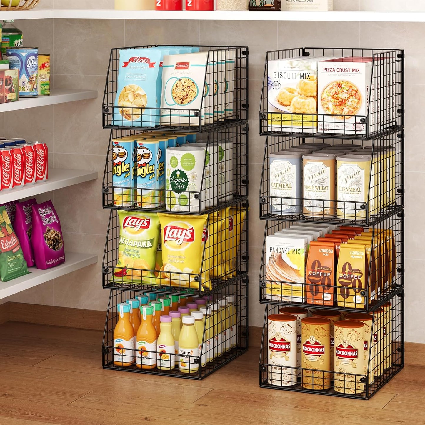 4 Pack XXL Stackable Wire Storage Basket, Extra Large Capacity Pantry Organizer and Storage, Muti-Purpose for Fruit Vegetable Basket & Toy Bin & Snack Organizer