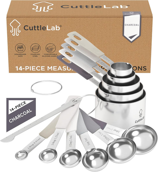 Measuring Cups and Measuring Spoons Set of 14 - Stainless Steel Measuring Cups and Spoons Set, Includes 1/8 Teaspoon Measuring Spoon, 1/8 Cup Measuring Cup, Leveler Dry (14, Charcoal)