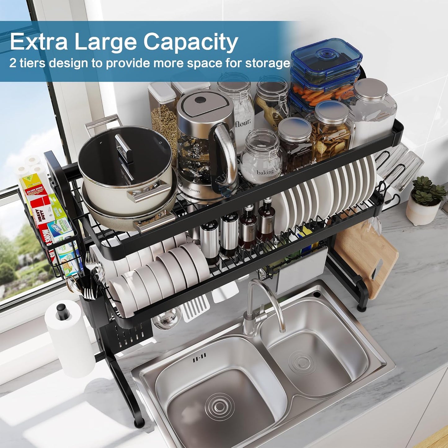 Over The Sink Dish Drying Rack,3 Tier Adjustable Length Full Stainless Steel Large Storage Kitchen Dish Rack,for Kitchen Counter Expandable Multifunctional Organizers,Silver(25.5'' to 37.4'')