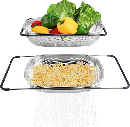Over The Sink Strainer Stainless Steel Colander 5 Quart Basket with Expandable Rubber Grip Handles for Kitchen Sink - Strain, Drain, Rinse Fruits, Vegetables, Pasta, New Home Essentials