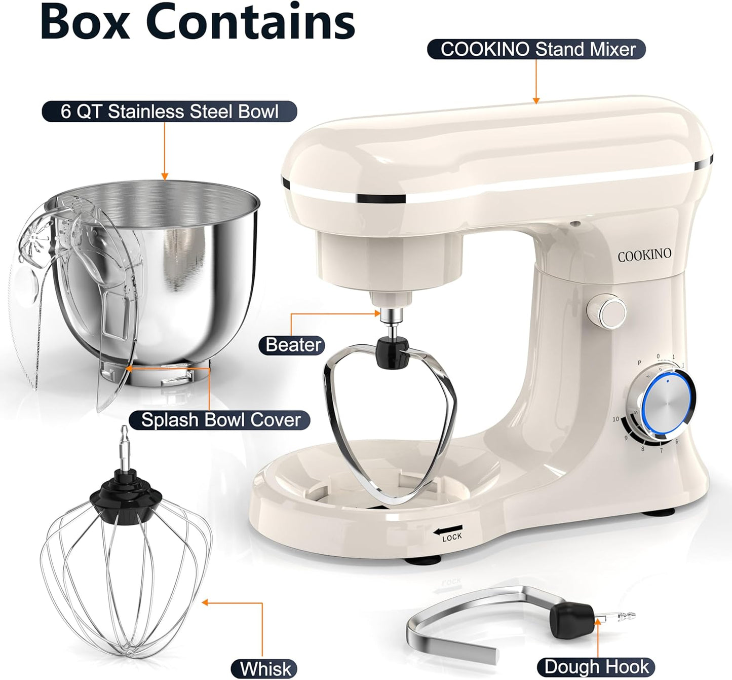 Electric Stand Mixer,10 Speeds Tilt-Head Food Mixer, 3-IN-1 Kitchen Mixer for Daily Cooks with Dishwasher-Safe 6QT Bowl,Dough Hook, Beater, Whisk (Almond Cream)