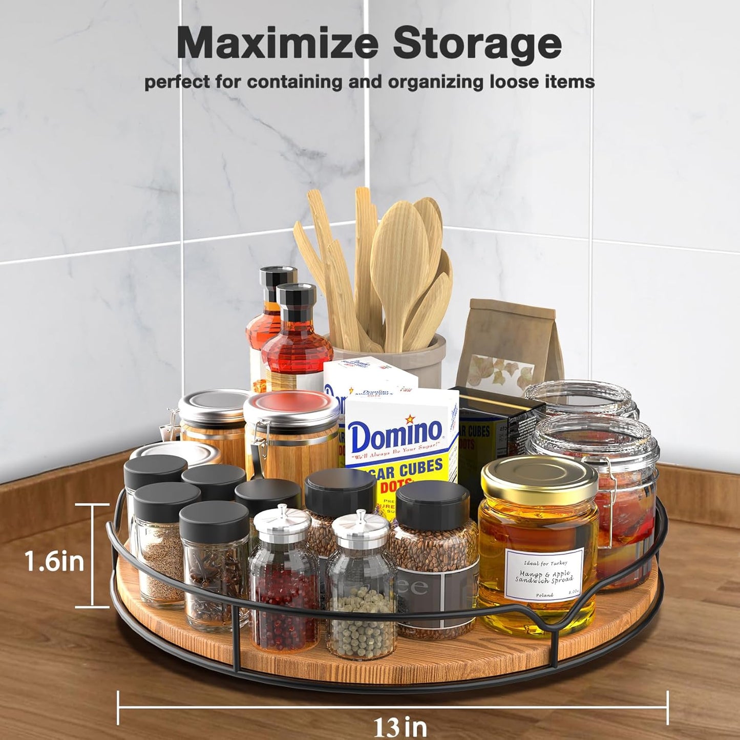 Lazy Susan Turntable Organizer with Anti-Slip Mat for Cabinet Pantry Kitchen Countertop Refrigerator Office, Pine Wood, 13", Carbonized Black