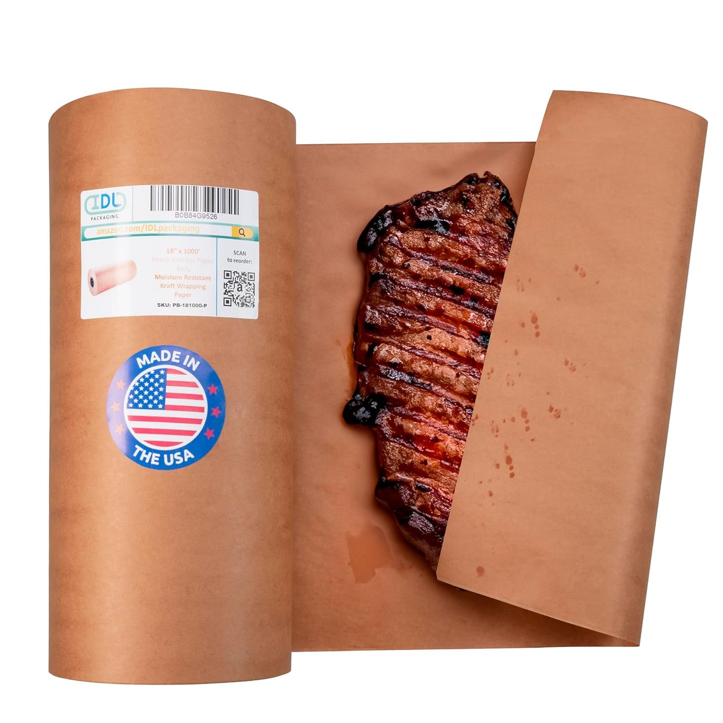 Peach Butcher Paper 18" x 12000" (1000 feet) - USA-Made Natural Butcher Paper Roll for Meat and Fish - Uncoated, Unwaxed & Food-Grade Material for Smoking, Grilling & Barbecue by IDL Packaging
