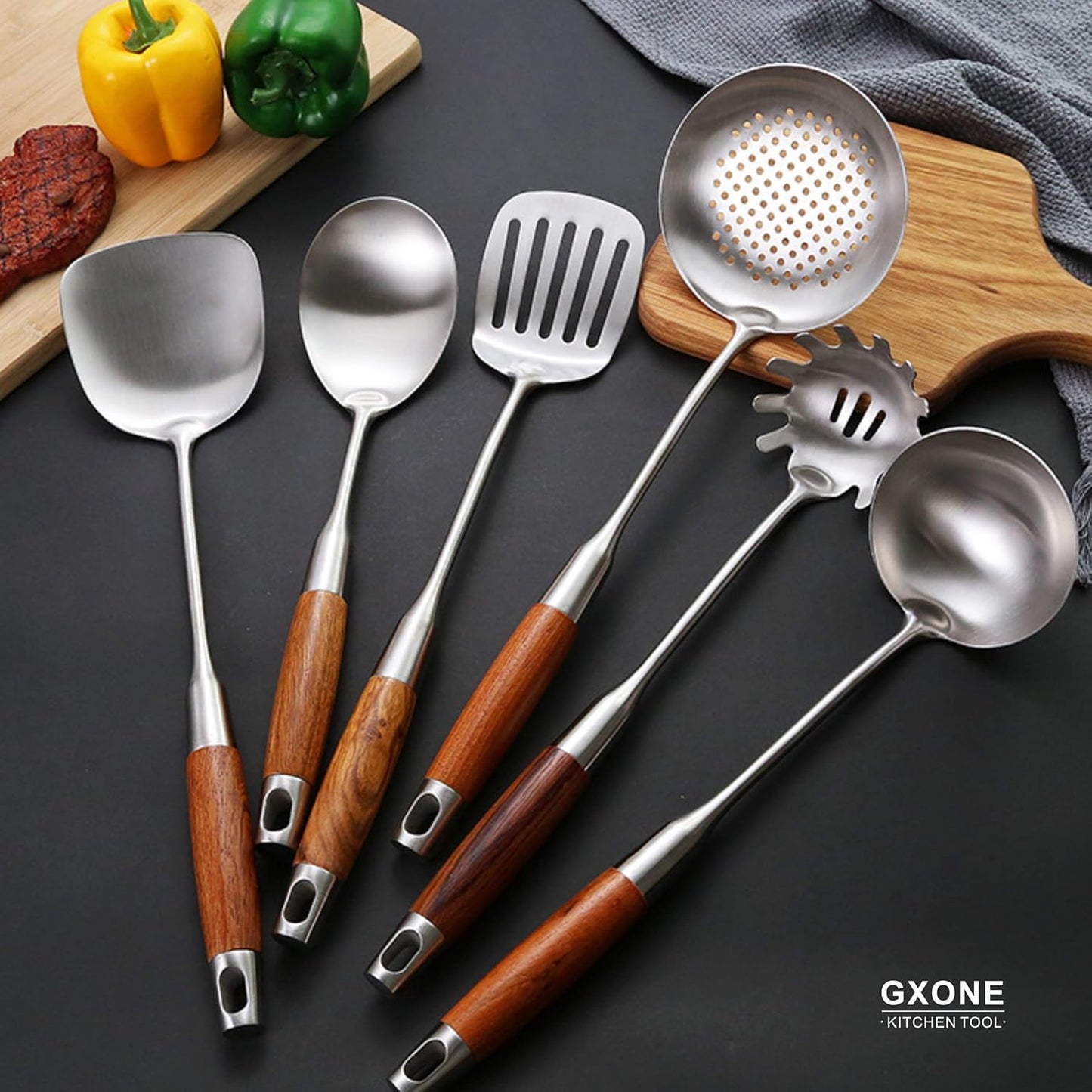 Slotted Spoon,304 Stainless Steel Skimmer Spoon with Heat Resistant Wooden Handle,Silver/15.8Inch