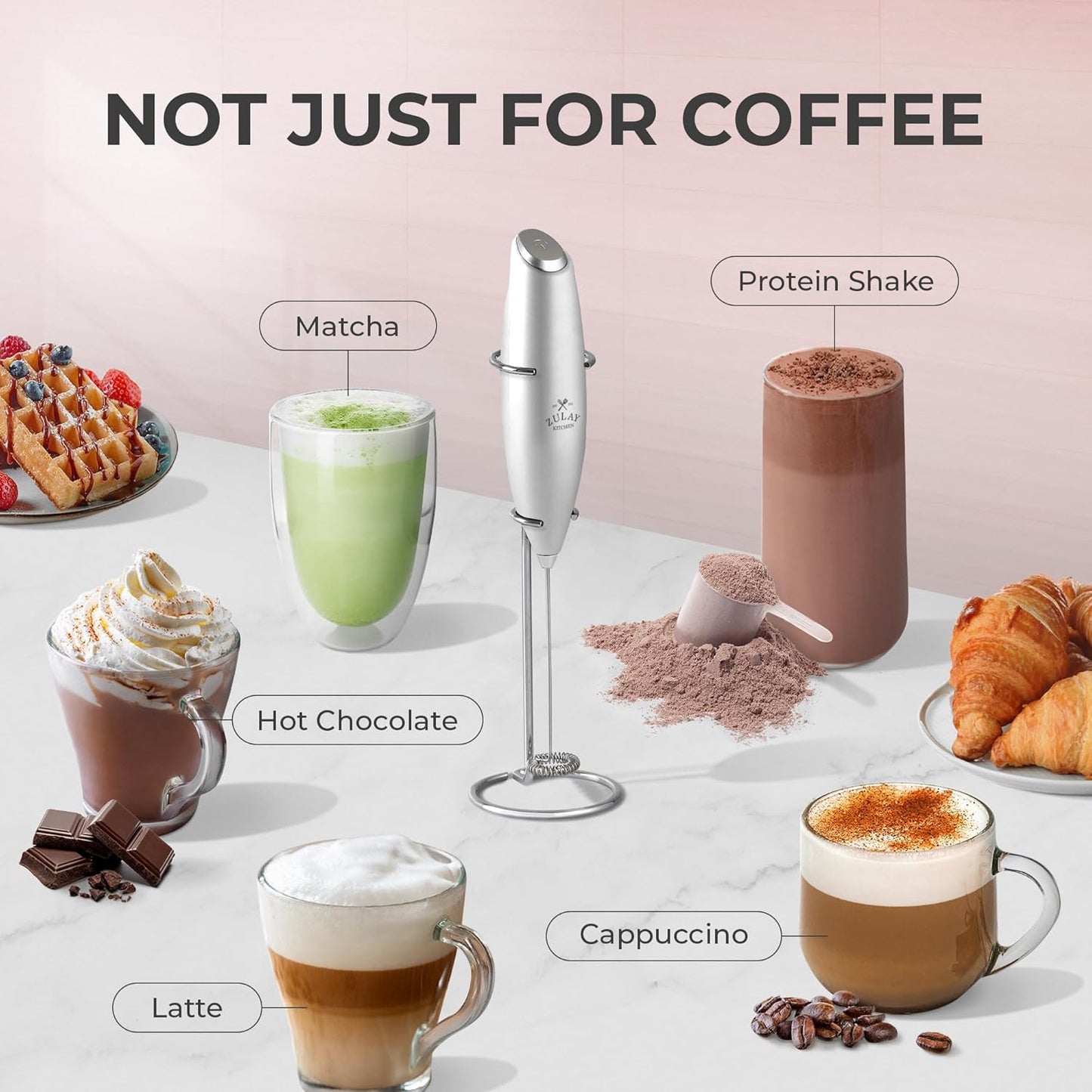 Zulay Kitchen Powerful Milk Frother Wand With 4 AA Duracell Batteries - Ultra Fast Handheld Drink Mixer - Electric Whisk Foam Maker for Coffee, Lattes, Cappuccino, Matcha & Creamer -