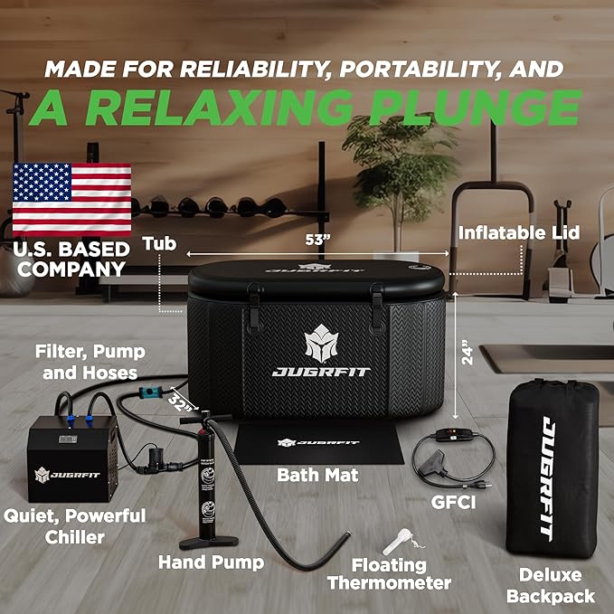 Cold Plunge Tub with Water Chiller – 53”L×32"W, 121 Gal Inflatable, Portable Ice Bath Tub for Outdoor or Indoor Use – 37℉ Chiller, Pump, & Filter – Boost Athletic Recovery, Mood, & Energy with JUGRFIT