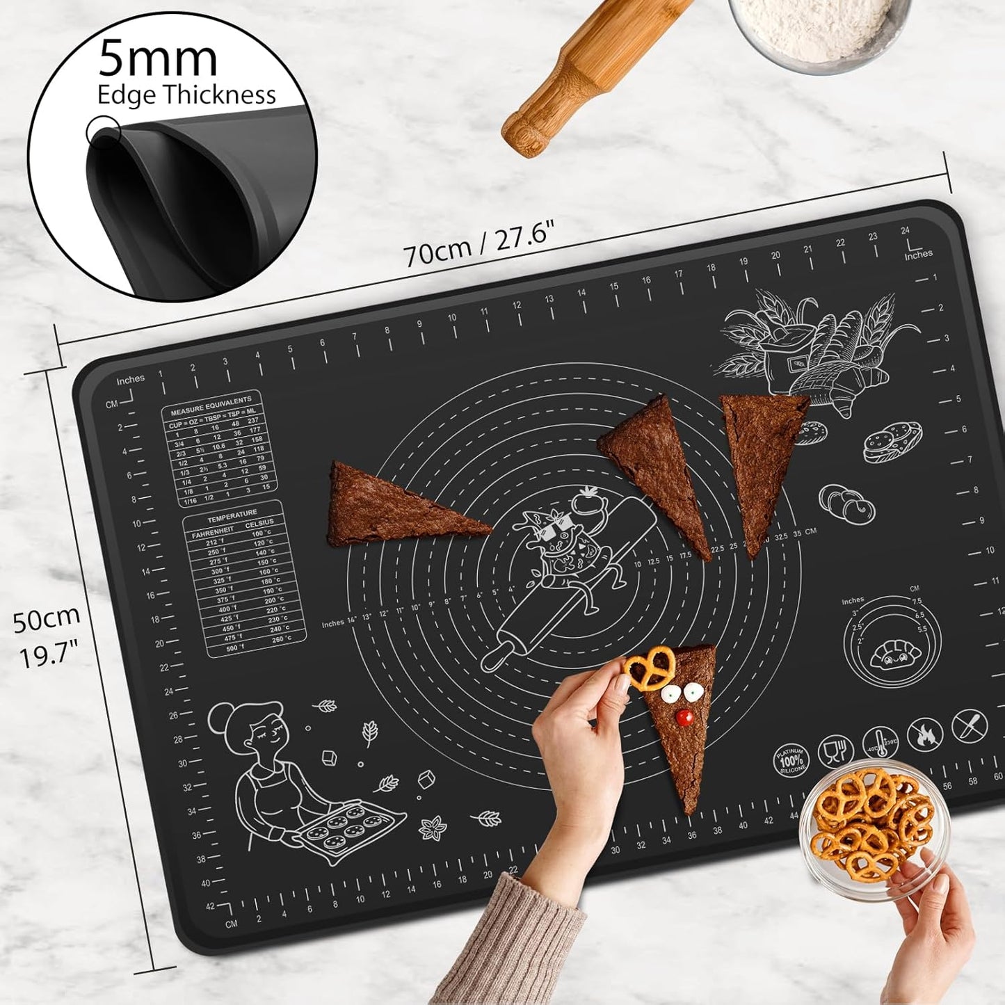 Silicone Baking Mat 28" x 20" Extra Thickness Dough Rolling Mat with Measurements and Edge Heightening, Non-stick Food Grade Silicone Pastry Mat for Pastry, Bread, Cookies, Pizza, Fondant, Pasta-Black