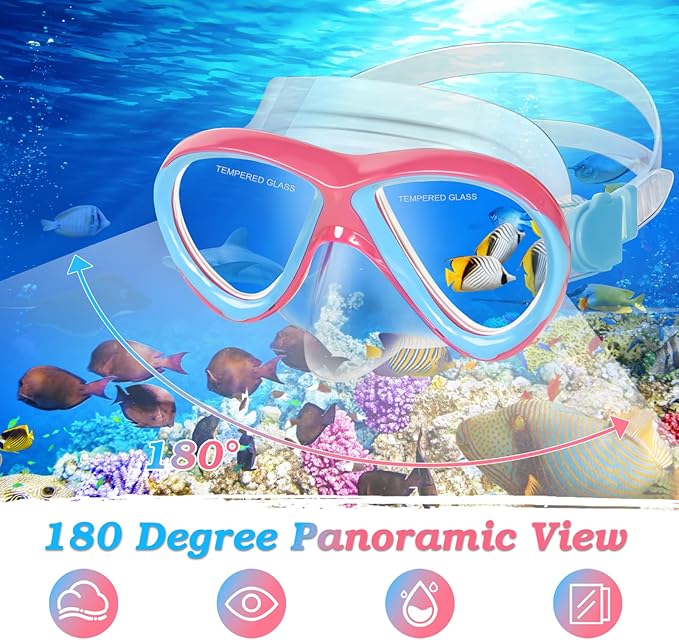 Kids Mask Fins Snorkel Set, Dry Top Snorkeling Gear for Kids Youth Boys Girls Junior Age 5-15 Tempered Glass Snorkel Mask Set Panoramic View Snorkeling Packages