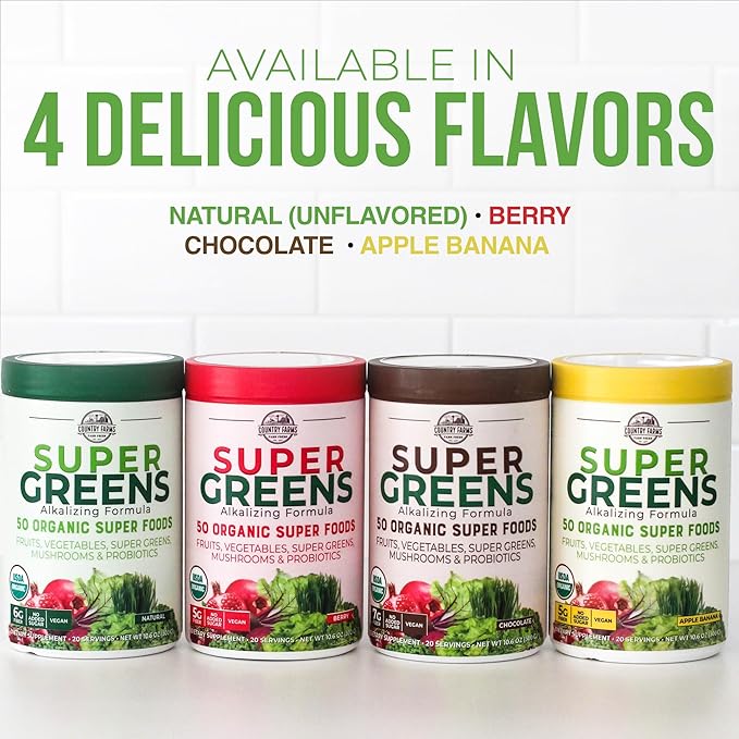 Country Farms Super Greens Natural Flavor, 50 Organic Super Foods, USDA Organic Drink Mix, Fruits, Vegetables, Super Greens, Mushrooms & Probiotics, Supports Energy, 40 Servings, 10.6 Oz, 2 Pack