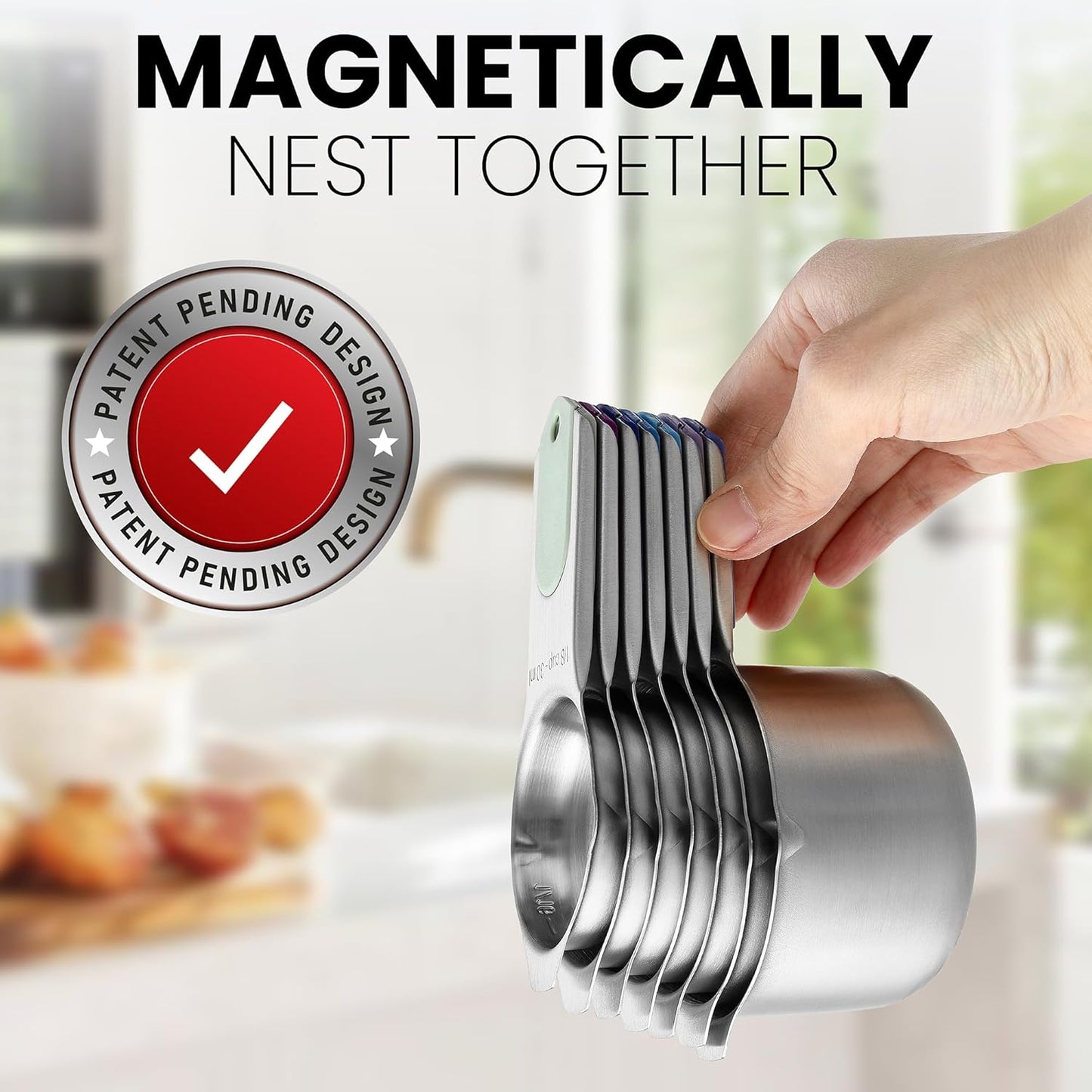 Spring Chef Magnetic Stainless Steel Measuring Cups, Patented, Kitchen Tools with Easy to Read Markings for Measuring Dry or Liquid Ingredients, Set of 7, Winter Frost