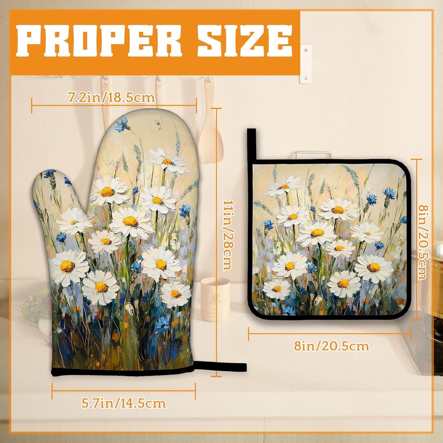 Vintage Daisy Flower Oven Mitts and Pot Holders,Heat Resistant Oven Mitts Gloves and Pot Holder for Home Kitchen Decorations Cooking Baking BBQ Gifts,Set of 4