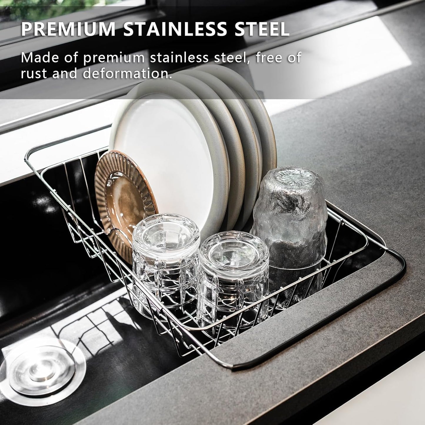 Over The Sink Dish Drainer Drying Rack - Expandable Stainless Steel in Sink Dish Drying Rack, High-Capacity, Rustproof, Easy Install, with Utensil Holder - Dish Racks for Kitchen Counter