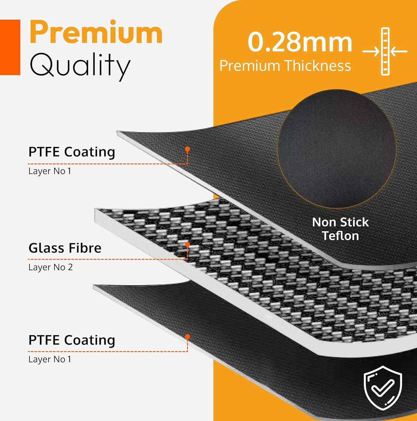 Oven Liners for Bottom of Oven Black (2-pack) Bundled with Rack Shield (2-pack) - Large Mat for Bottom of Range (17"x 25") and 14" Orange Stove Guards for Racks - Reusable & Heat Resistant