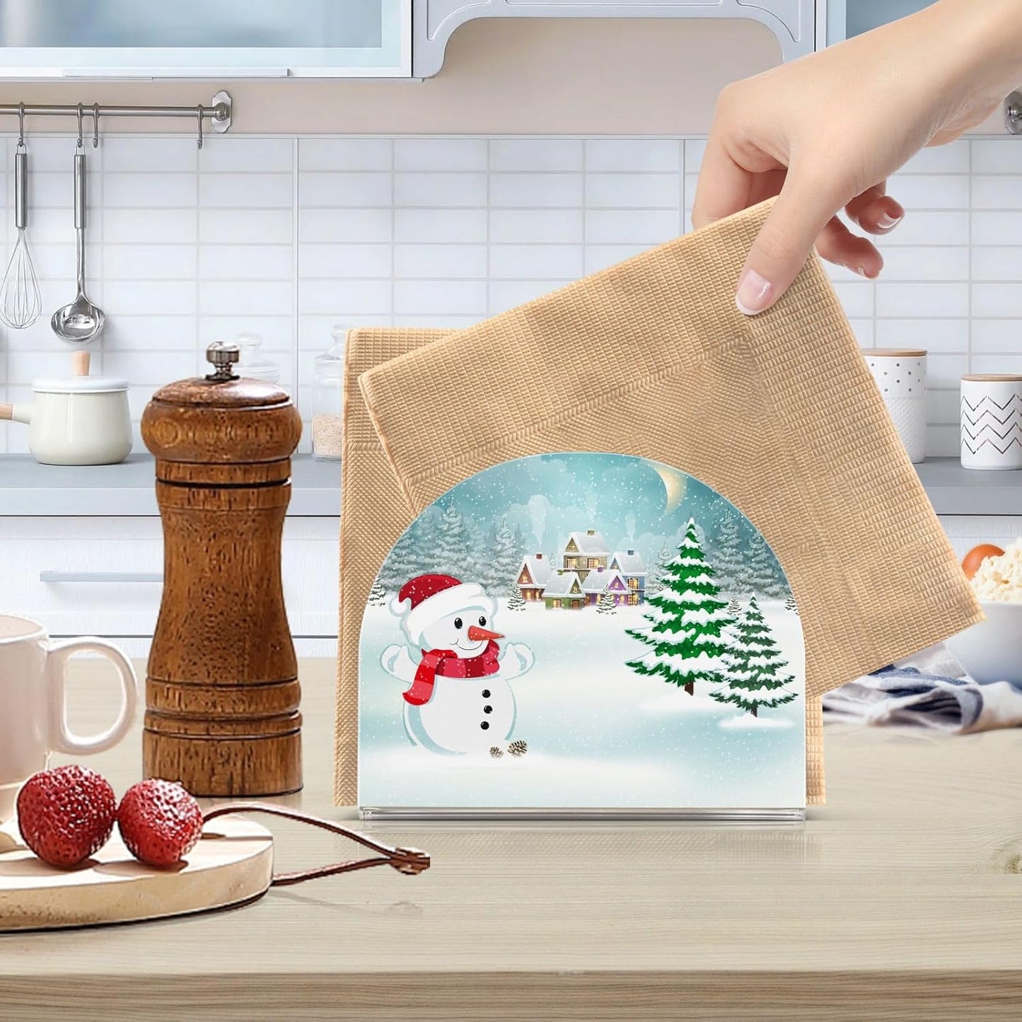 Chrsitmas Winter Village Snowman Napkin Holder for Table Paper Napkins Holder Acrylic Tissue Dispenser Kitchen Dining Room Bathroom Party Car Decor