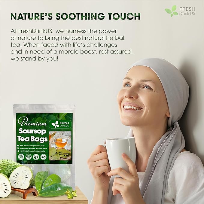FreshDrinkUS, 15 Premium Soursop Graviola Leaf Tea Bags, 100% Natural and Pure from Soursop Leaves, Handmade, Made With Natural Materials-Corn Fiber Tea Bag, Sugar/ Caffeine/ Gluten Free, Hoja Guanabana Tea