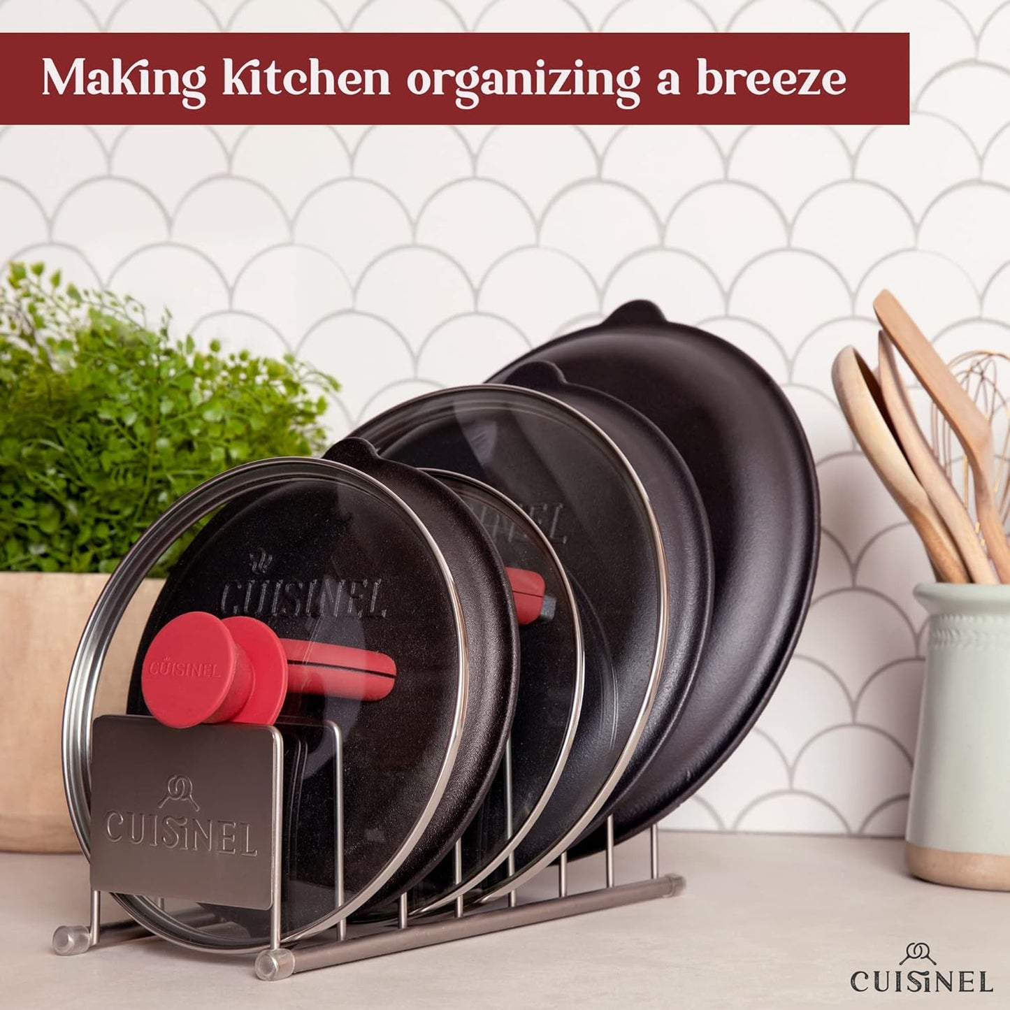 Cuisinel Lid and Dish Organizer Rack - Satin Nickel Silver Kitchen Storage Organization Stand - Plate Holder, Pan/Pot Covers, Cutting Board and Cookie Sheet Divider - 7-Tier Cabinet/Counter Display