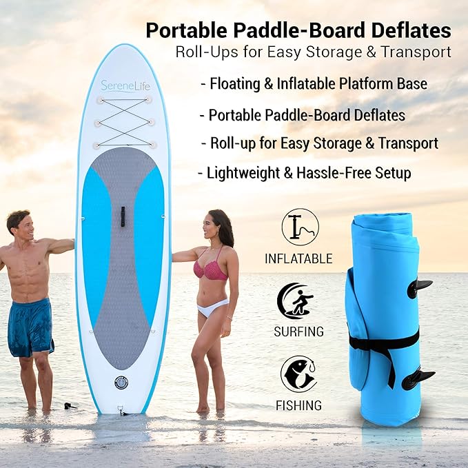 SereneLife Inflatable Stand Up Paddle Board with Premium SUP Accessories – Wide Stable Design with Non-Slip EVA Deck Pad for Adults and Youth of All Skill Levels