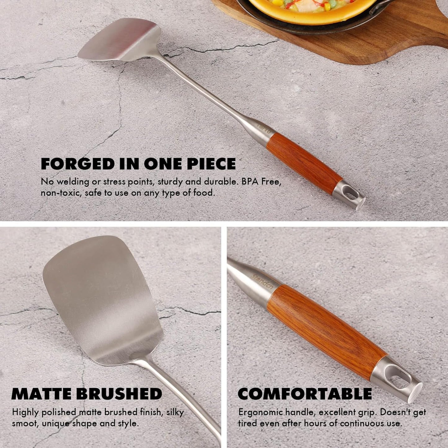 18/10 Stainless Steel Kitchen Utensils Set with Wooden Handle - 14 PCS Metal Cooking Tools & Serving Utensil, Large and Small Spoons Set - Whisk, Masher, Fork, Spatula, Turner, Ladle, Skimmer, Pasta